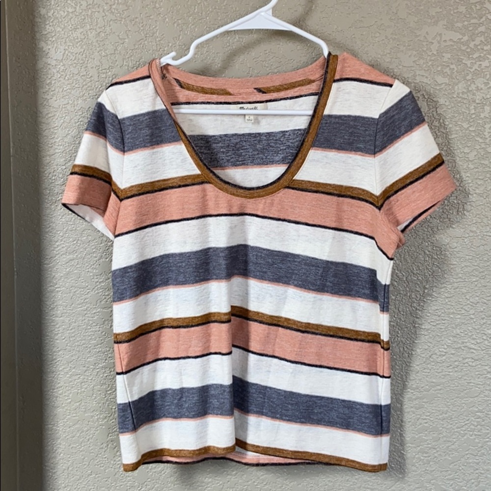 Madewell Striped Scoop Neck Short Sleeve Tee in Pink, White & Gray